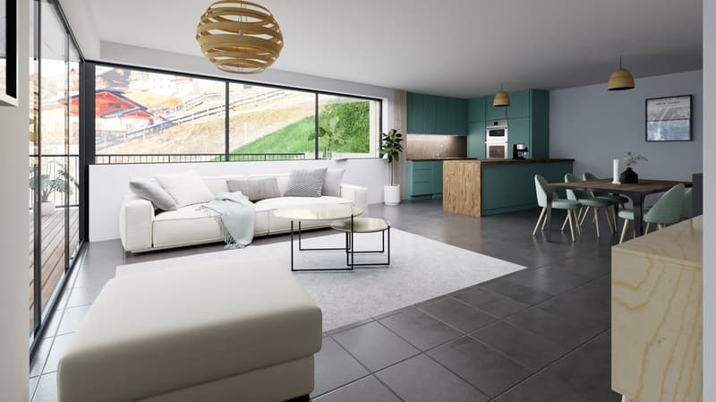 modern interior, open plan, floor to ceiling windows, white sofa, gray carpet, coffee tables, wooden dining table and chairs, green kitchen with island, potted plants