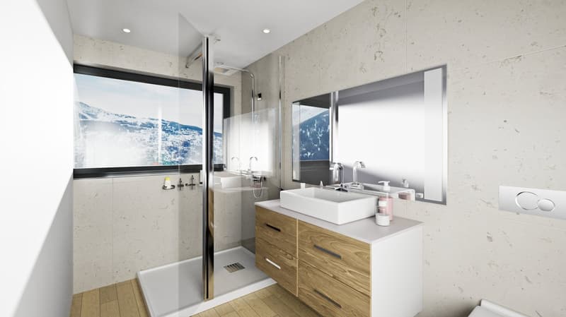 Modern bathroom, glass shower, white sink, wooden cabinet, large window, shower drainage, mirrors, wall-mounted faucets, wall-mounted soap dispenser, wall-mounted shampoo bottle, wooden flooring, large outdoor view from the window