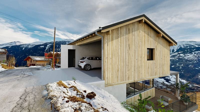 Detached wooden house, two stories, garage, balcony, mountain view