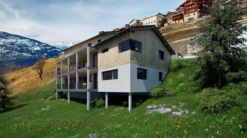 Detached house, modern architecture, sloped roof, white and wood exterior, balconies with railings, situated on a hill with stunning mountain views