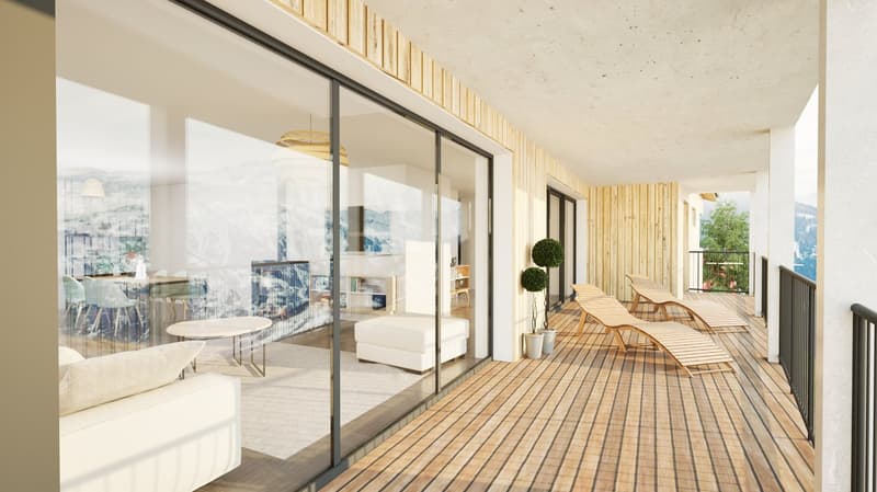 Balcony with wooden deck, white furniture, large glass doors, potted plants, lounge chairs, railing, panoramic views of mountains