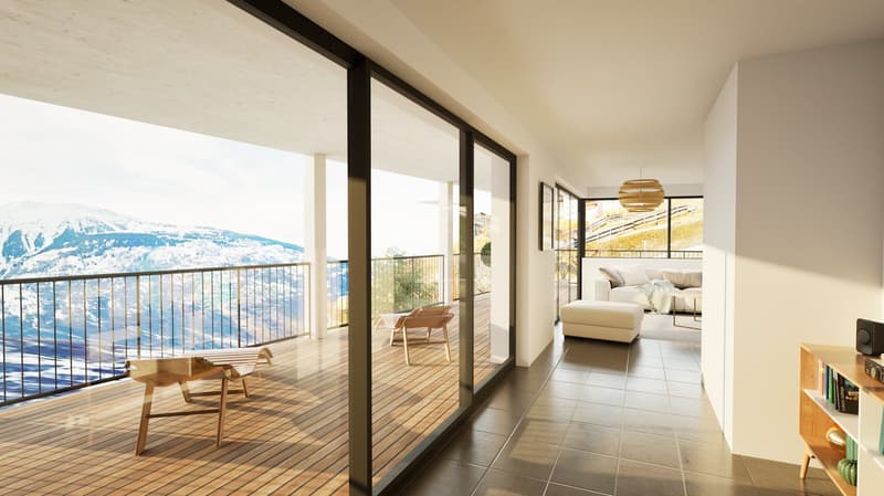 Wooden deck, large windows, glass doors, lounge chairs, tiled floor, view of mountains and a river in the distance, wooden furniture, pendant light