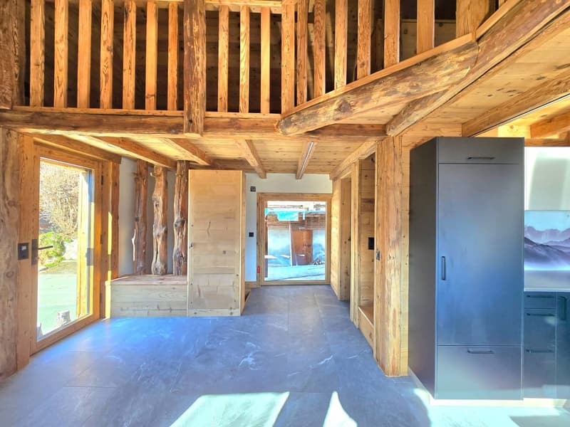 wooden walls, wooden floor, large windows, wooden beams, wooden bench, cabinet