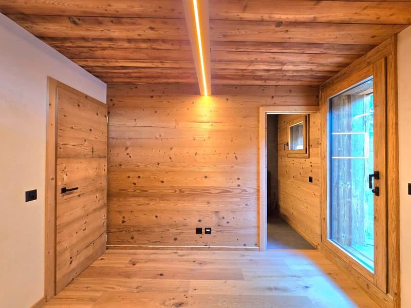 wooden walls, wooden floor, glass door, power outlets, light