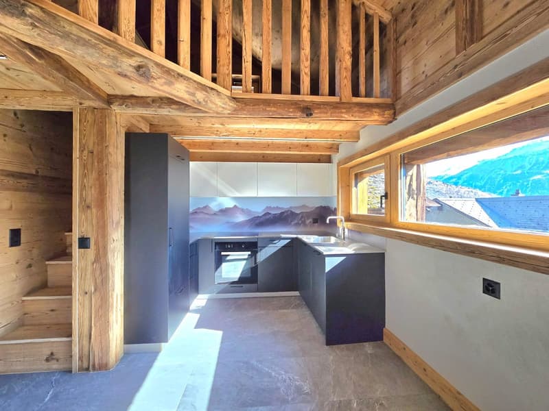 modern kitchen with wooden beams, granite floor, large window with mountain view, modern appliances