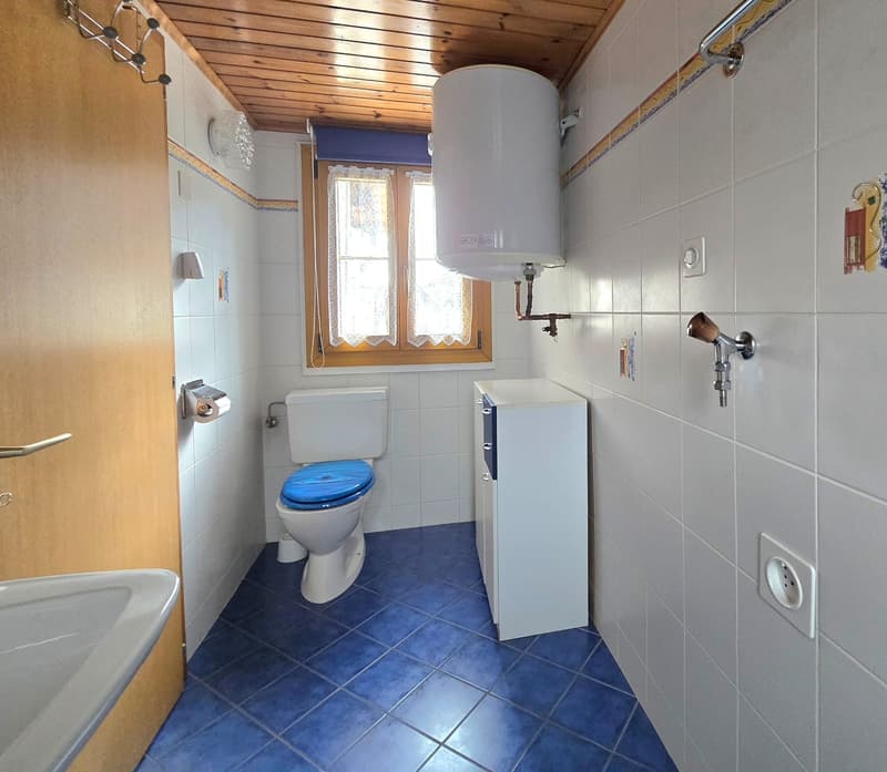 Bathroom with white toilet, blue tiles, white sink, white cabinet, white water heater, wooden ceiling