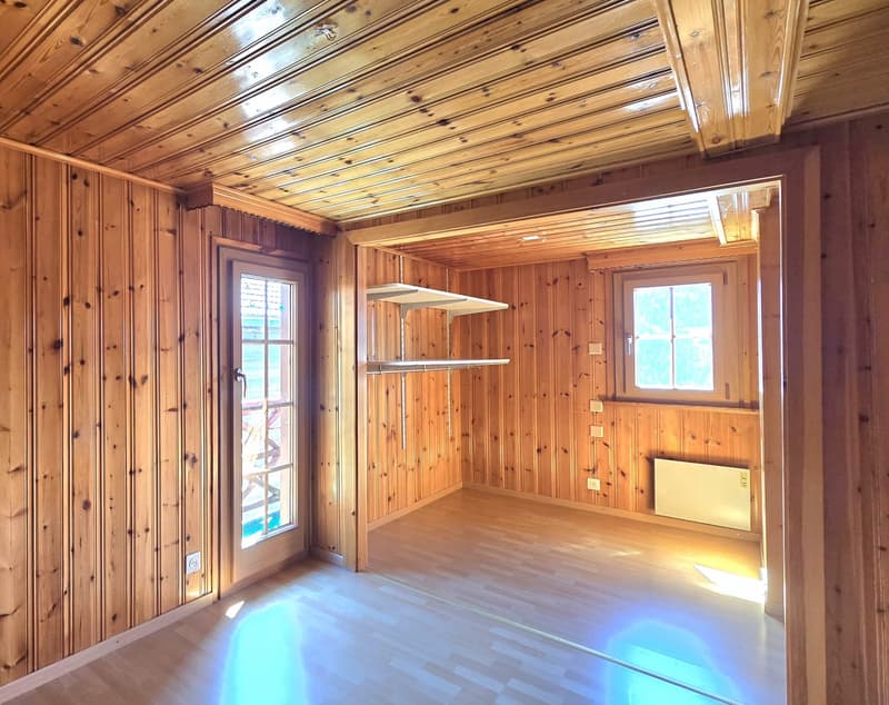 empty room, wooden walls, wooden floor, glass door, window, radiator