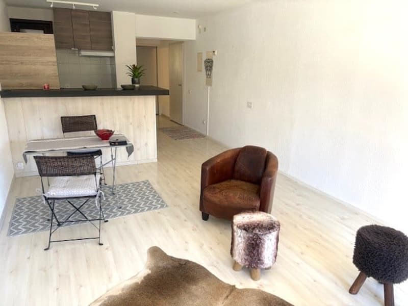 Open plan living room and kitchen, wooden floor, white walls, dining table, chairs, rug, armchair, ottomans, rug, potted plant, kitchen counter, cabinets, power outlet