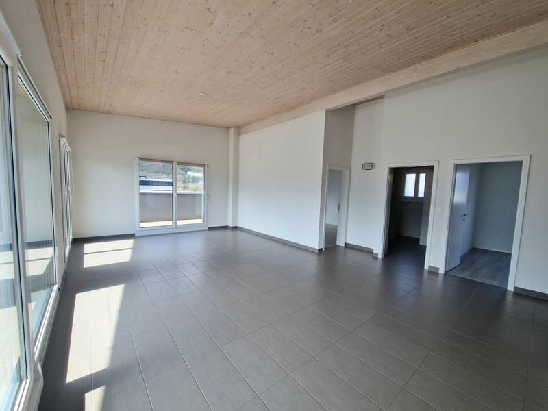 Spacious open-plan living room with wooden ceiling, large windows, and gray tile flooring. The room has a clean, modern design with minimal furnishings.