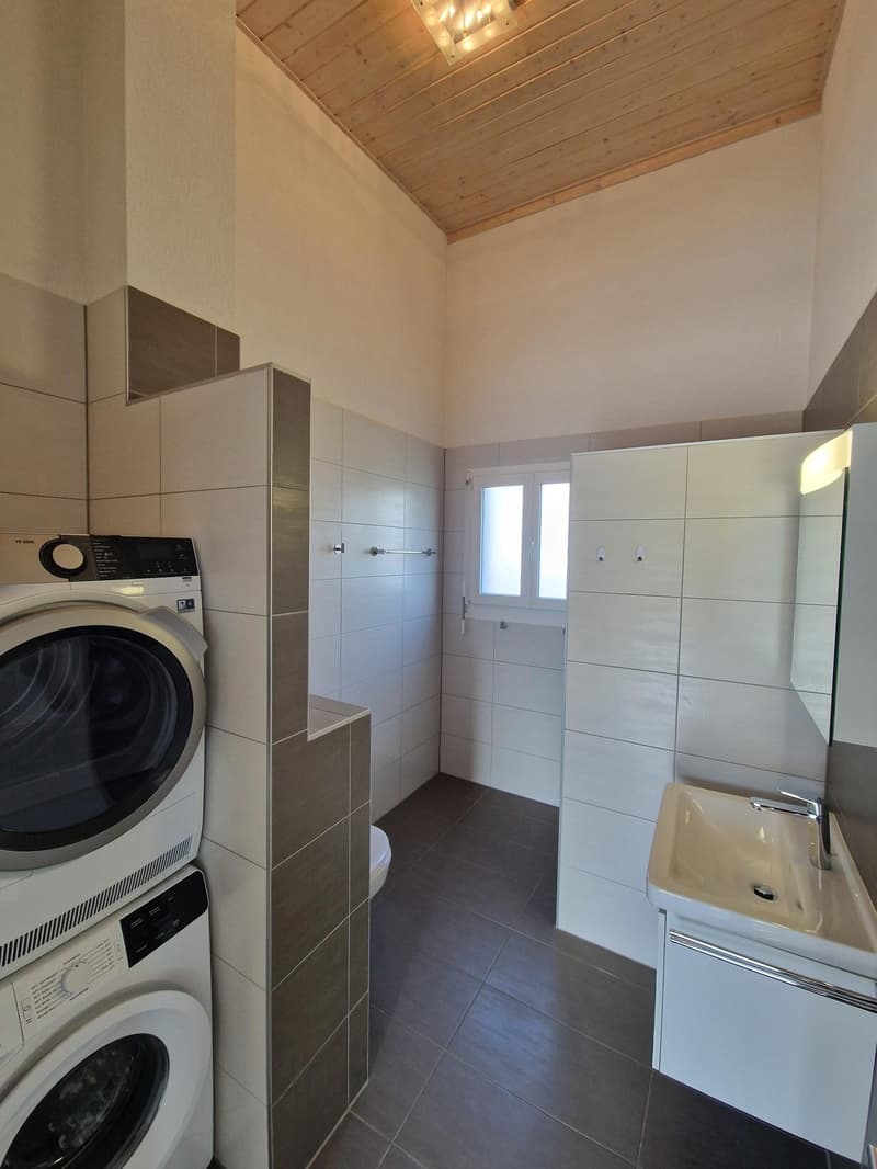 Spacious bathroom with tiled walls and floor, a washing machine and dryer, and a vanity sink. The room has a wooden ceiling with recessed lighting.