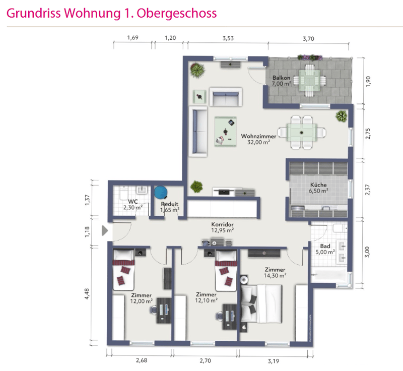 Living room, Kitchen, 2 bedrooms, 1 bathroom, balcony