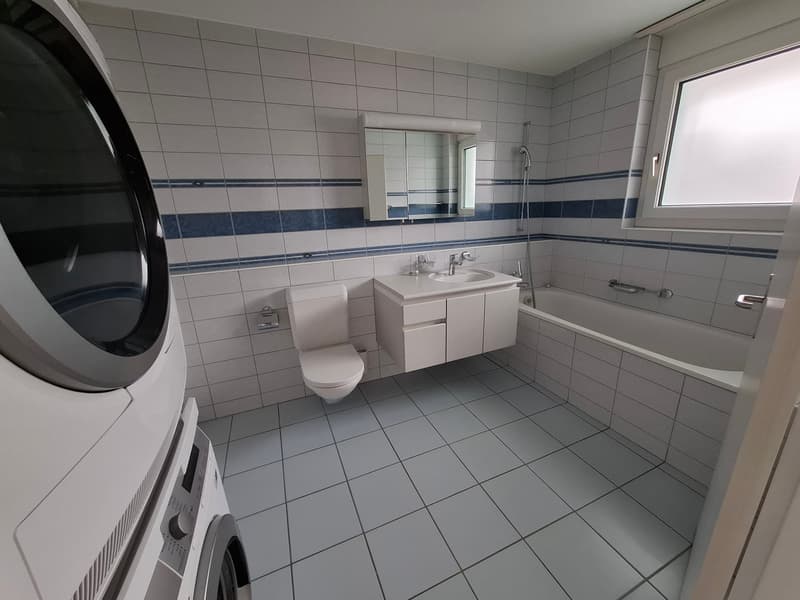 Spacious bathroom with white tiles, blue accent tiles, a vanity sink, a toilet, and a washing machine.