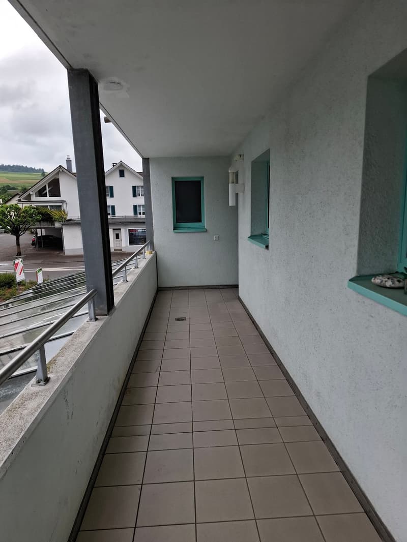The image shows a hallway or corridor with a tiled floor and gray walls. The hallway has a balcony or terrace on one side, with a view of the surrounding buildings and landscape. The hallway also has a green-framed door or window visible.