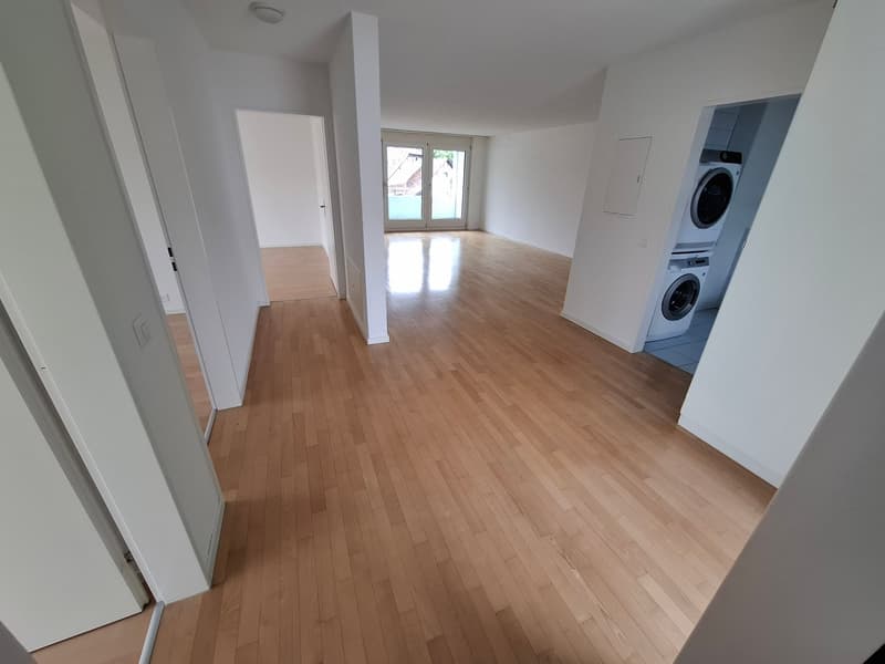 Spacious open-plan living area with hardwood floors, large windows, and a laundry area with a washing machine and dishwasher.