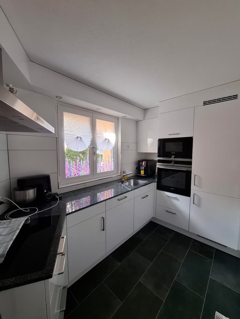 modern kitchen, white cabinets, black countertop, integrated oven and microwave, dishwasher, sink, black tiled floor