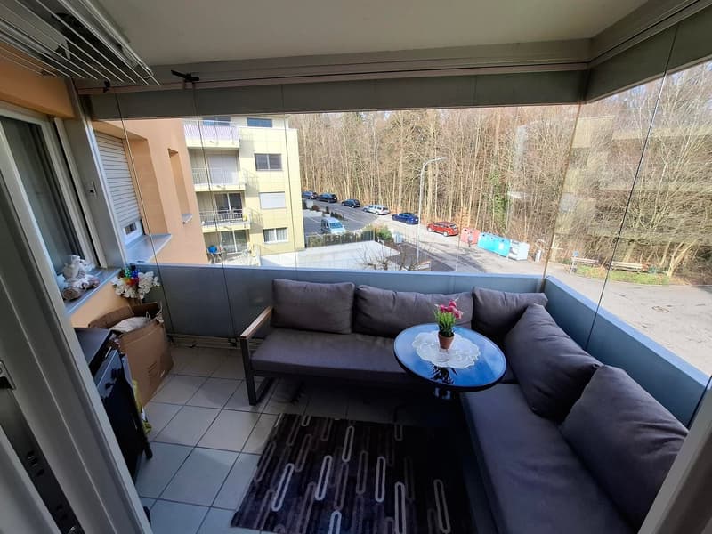 terrace with furniture, flowers, table, and plant