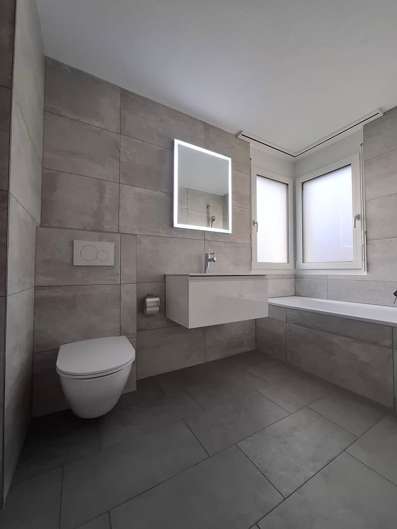 Bathroom with gray tiles, white sink, mirror, toilet, bathtub, and windows
