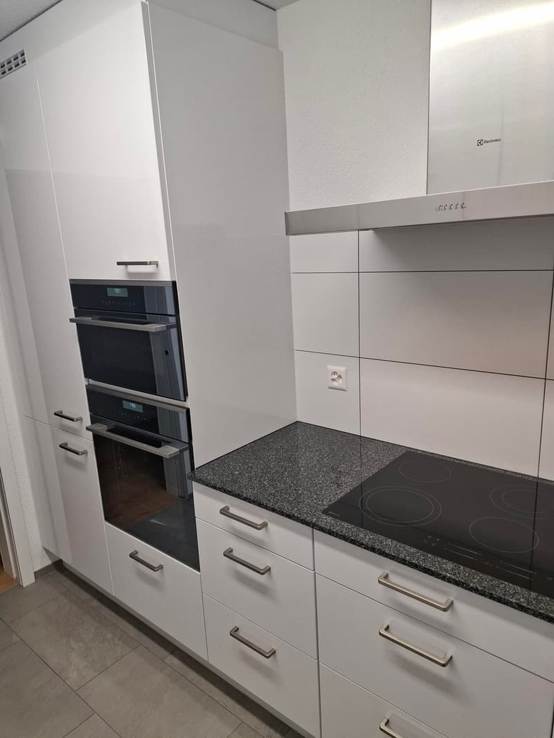 modern kitchen with white cabinets, granite countertop, induction stove, double oven, extractor hood, power outlet
