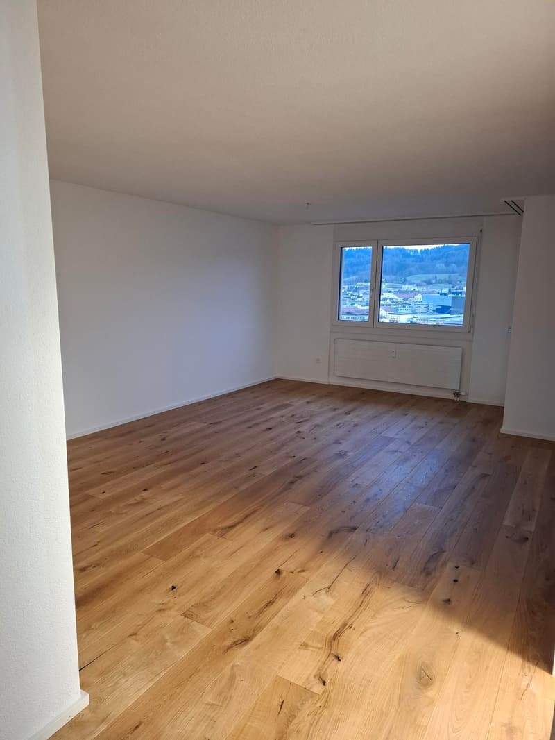 empty room, wooden floor, white walls, large window, radiator