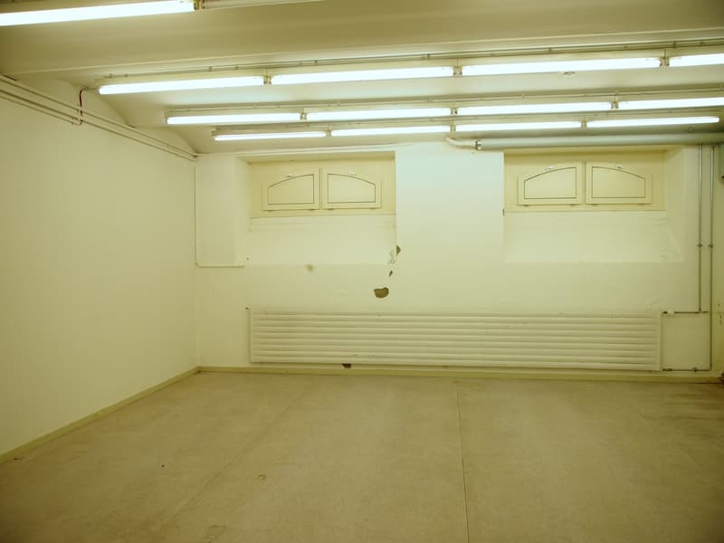 Empty room with white walls, fluorescent lighting, and a window with arched frames. The room appears to be a storage or utility space with a concrete floor.