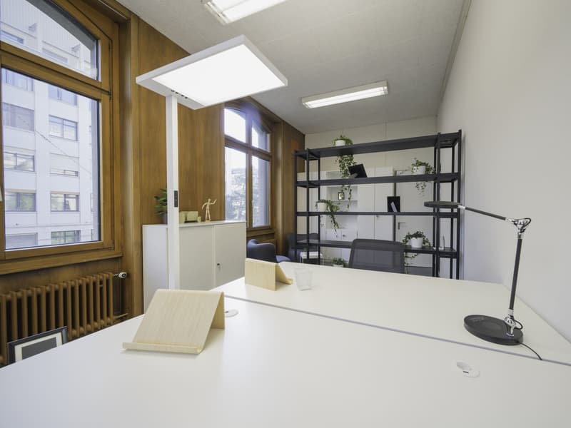 An office room with white tables, lamps, a wooden stand, a cabinet, a chair, a shelf with plants, a radiator, and glass windows.