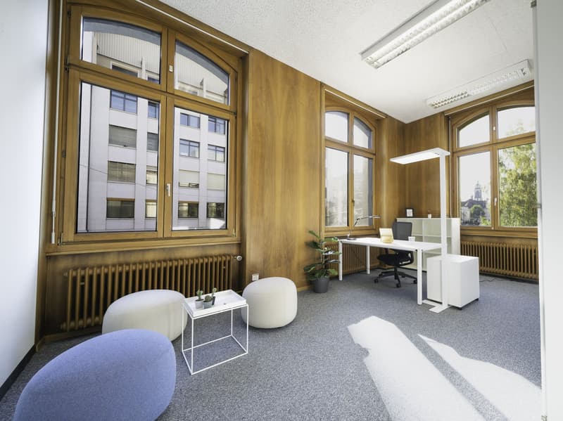 modern office, white desk, office chair, white shelves, plants, carpet floor, large windows, view of city buildings
