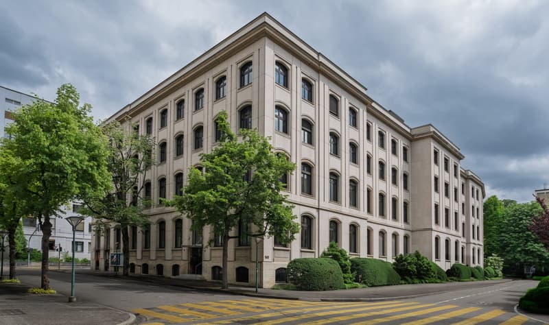 large building with several windows and pillars, located on a busy street