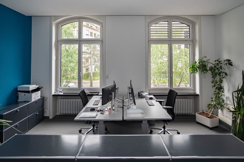 office with desks, office chairs, computer monitors, printer, plants
