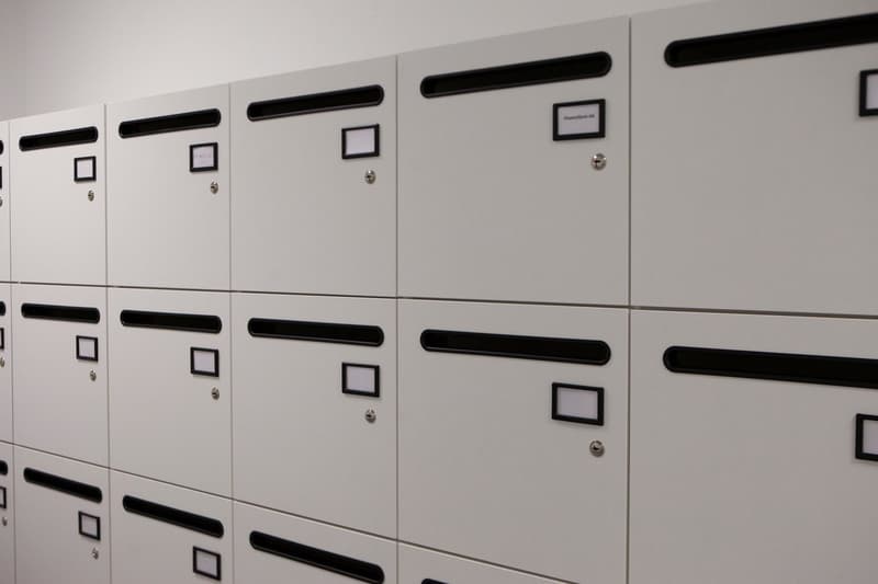 closets with mail delivery compartments, each labeled