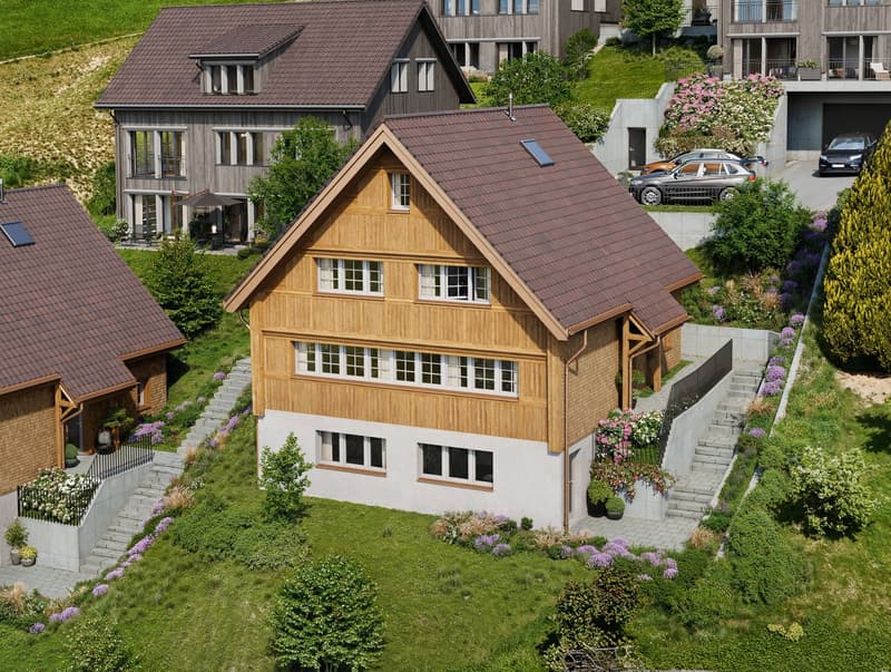 3-story wooden house with a sloped roof, surrounded by a well-maintained garden with various plants and flowers, parking space in front of the house