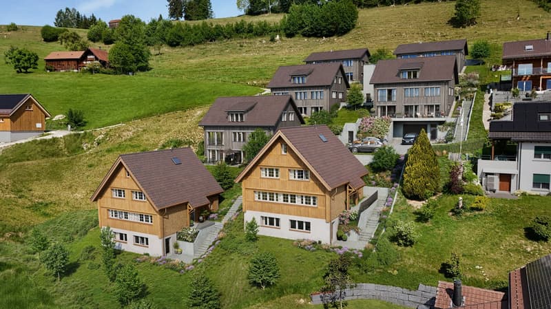 The image shows a picturesque residential neighborhood nestled in a hilly, forested area. The buildings are a mix of traditional wooden chalets and modern apartment buildings with slanted roofs. The homes are surrounded by lush greenery, including trees a