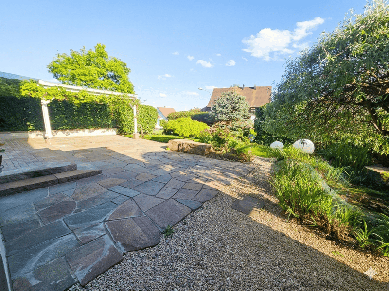 stone pathway, gravel, plants, trees, bushes, pergola