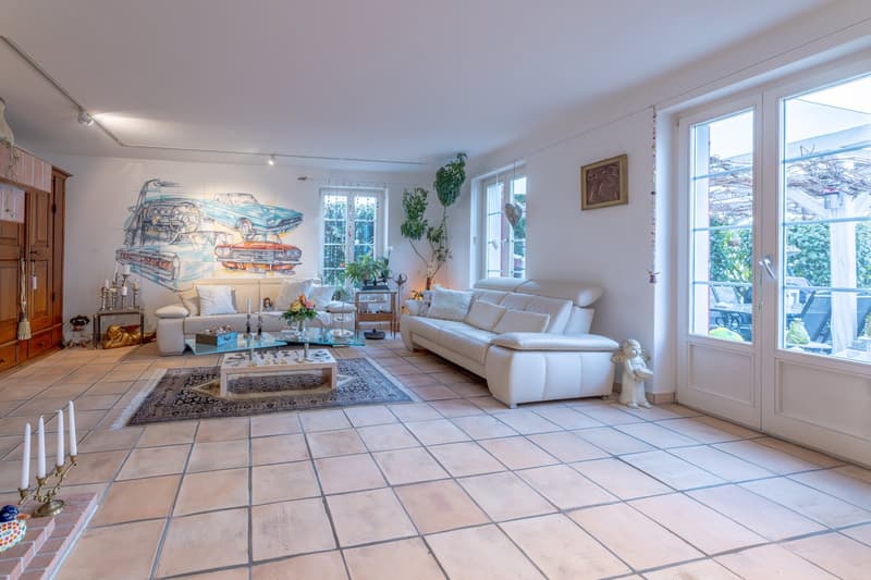 white leather sofas, glass coffee table, carpet, fireplace, large windows, wall art