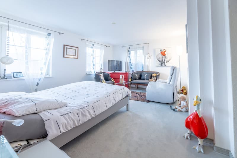Bedroom with bed, white walls, carpet, window with curtains, picture frame, TV, couch, side table, lamp, doll, rug, and decorative items.