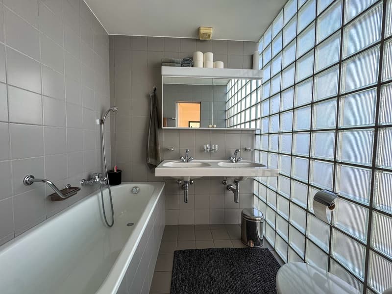 Bathtub, double sink, mirror, tiled walls, glass partition, toilet, trash can, grey rug