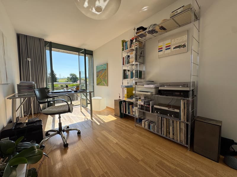 wooden floor, desk, office chair, bookshelf, chair, printer, speaker, lamp, picture, curtains, plants