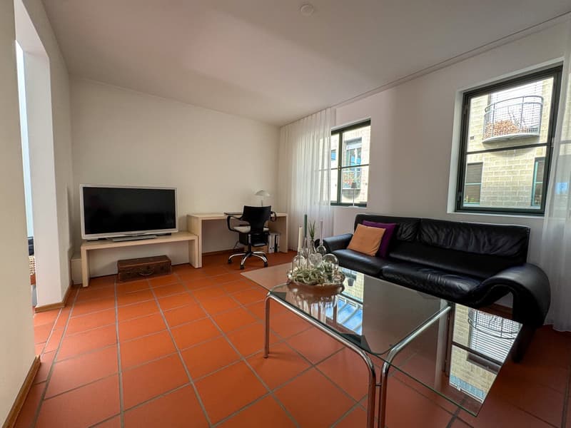 White walls, terracotta tiles, glass coffee table, black sofa, desk, TV, chair, potted plant, window with balcony, balcony with basket