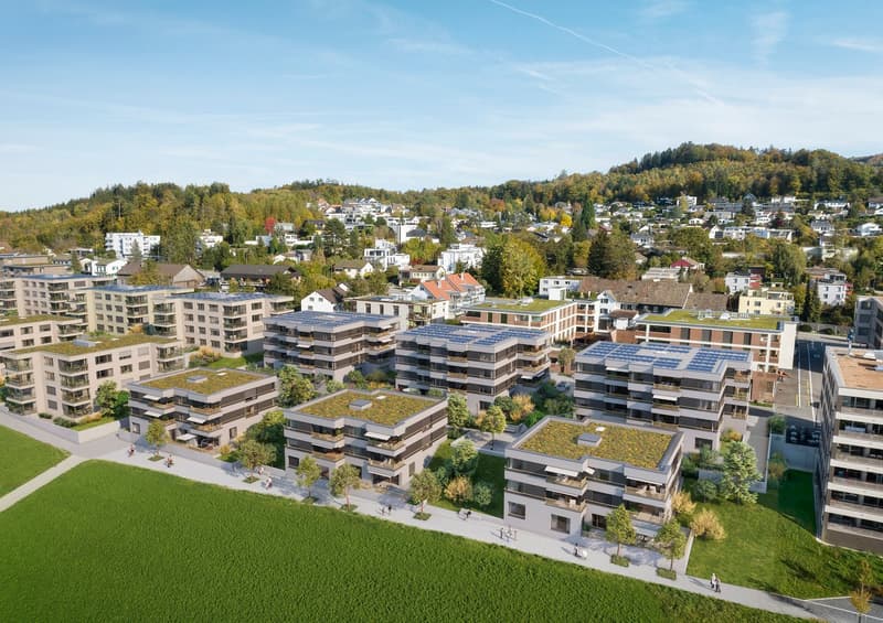 Modern multi-storey buildings with green roofs, solar panels, surrounded by trees and lawns, located in a hilly area with a backdrop of mountains.