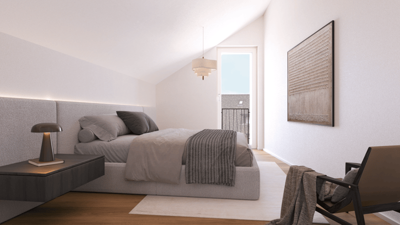 Bedroom: bed, 3 pillows, blanket, bedside lamp, couch, picture, balcony