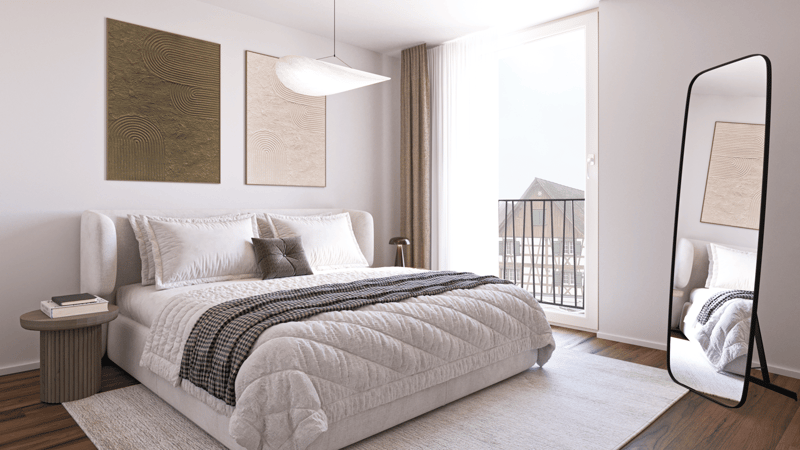 Queen size bed, pillows, blanket, rug, bedside table, full-length mirror, lamp, paintings, window with balcony