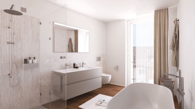 modern bathroom with shower, white bath, sink, toilet, towel rack, wooden floor, and a large mirror