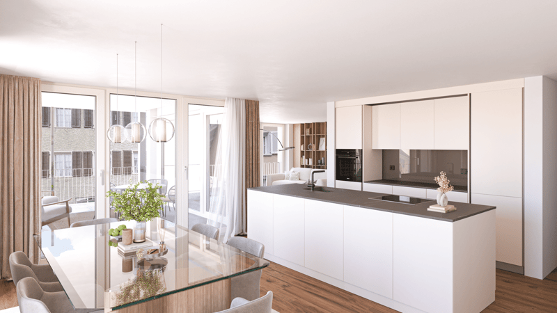 modern kitchen, all white appliances, central island with sink, large dining table, large windows, balcony