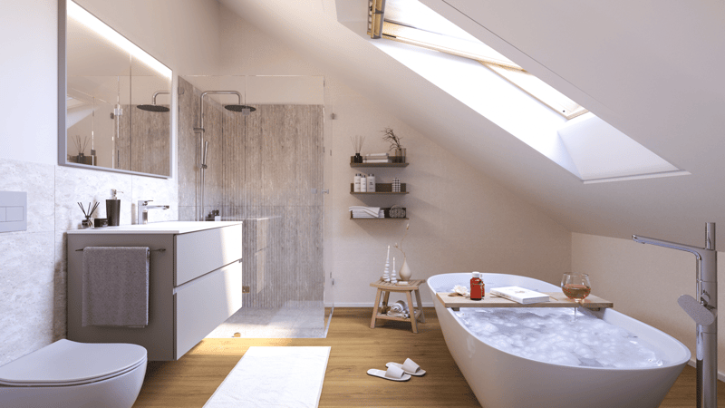 raised ground floor, spacious layout, white bathtub, shower area, wooden flooring, wooden accents, vanity, modern fixtures