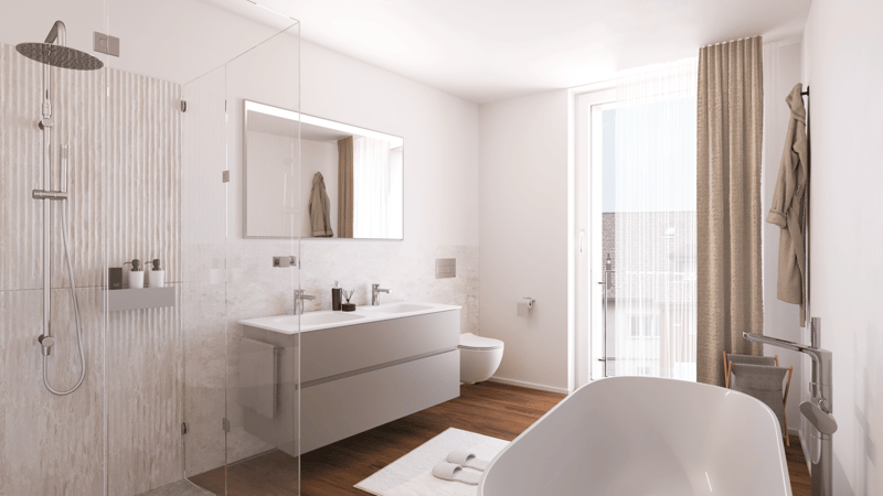 modern bathroom with shower, white bath, sink, toilet, towel rack, wooden floor, and a large mirror