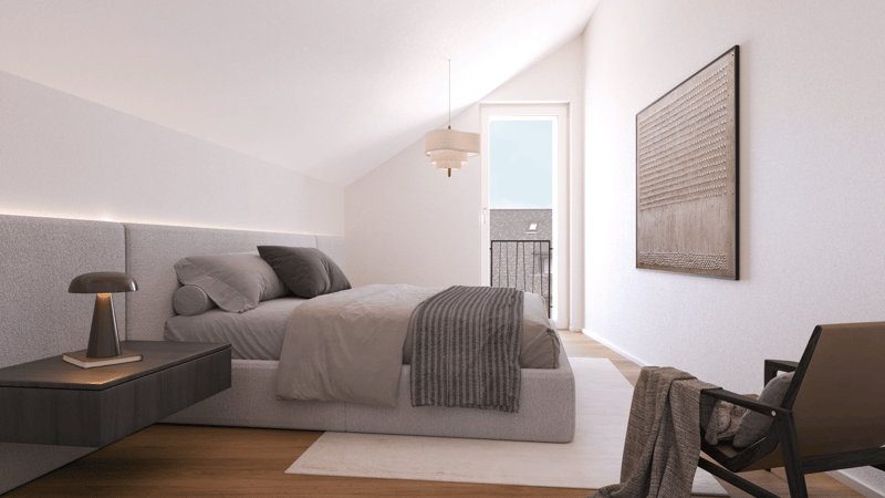 Bedroom: bed, 3 pillows, blanket, bedside lamp, couch, picture, balcony