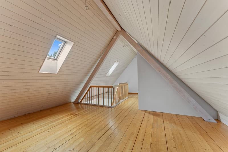 wooden floor, wooden beams, skylights, wooden staircase