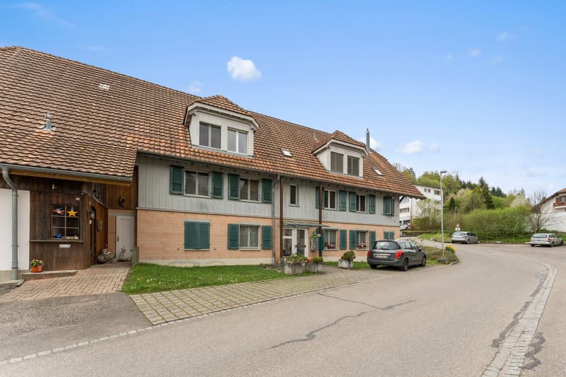 2 story house, brown roof, brick walls, green shutters, driveway, cars parked