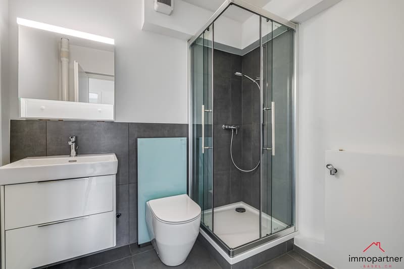 modern bathroom with white sink, white toilet, glass shower enclosure, mirror, and gray tiles