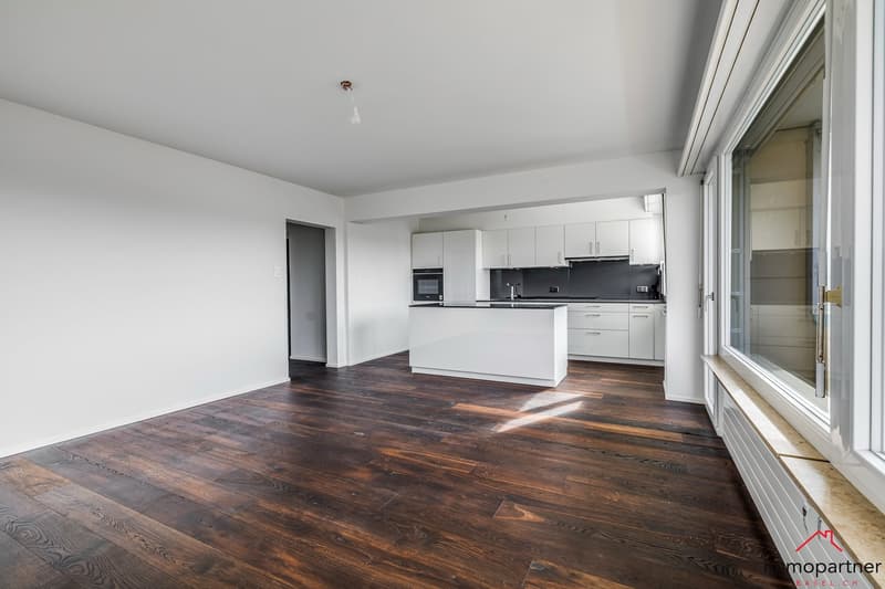 modern kitchen with white cabinets, wooden floor, large window, island countertop, built-in appliances