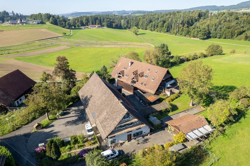 Aerial view of a farm with a main house, outbuildings, cars, and a driveway surrounded by fields and greenery